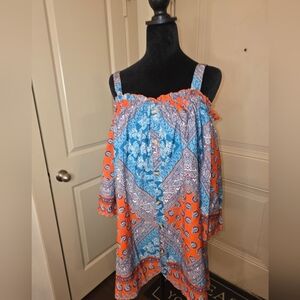 Orange & Blue Off-Shoulder Printed Blouse